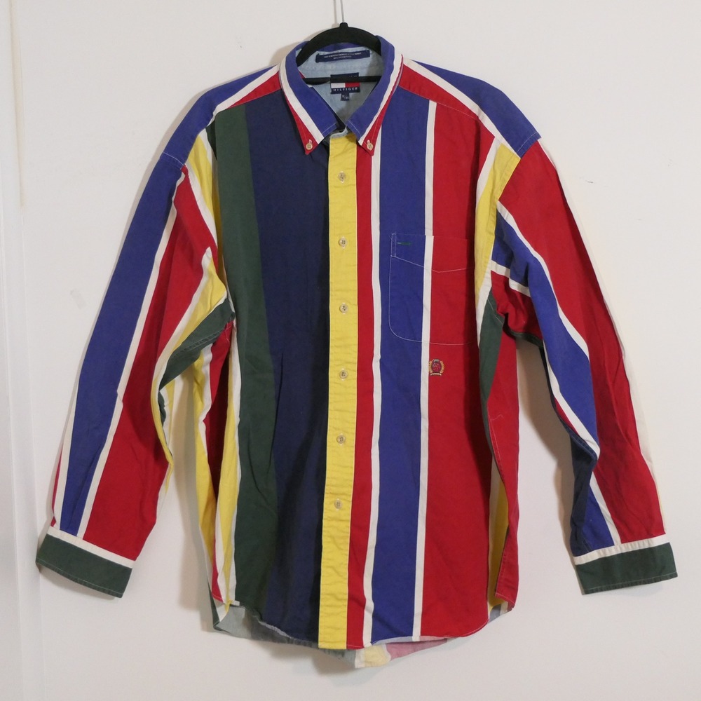 Tommy Hilfiger Mens Shirt XL Multicolor Stripe Vintage Preppy Streetwear Bold